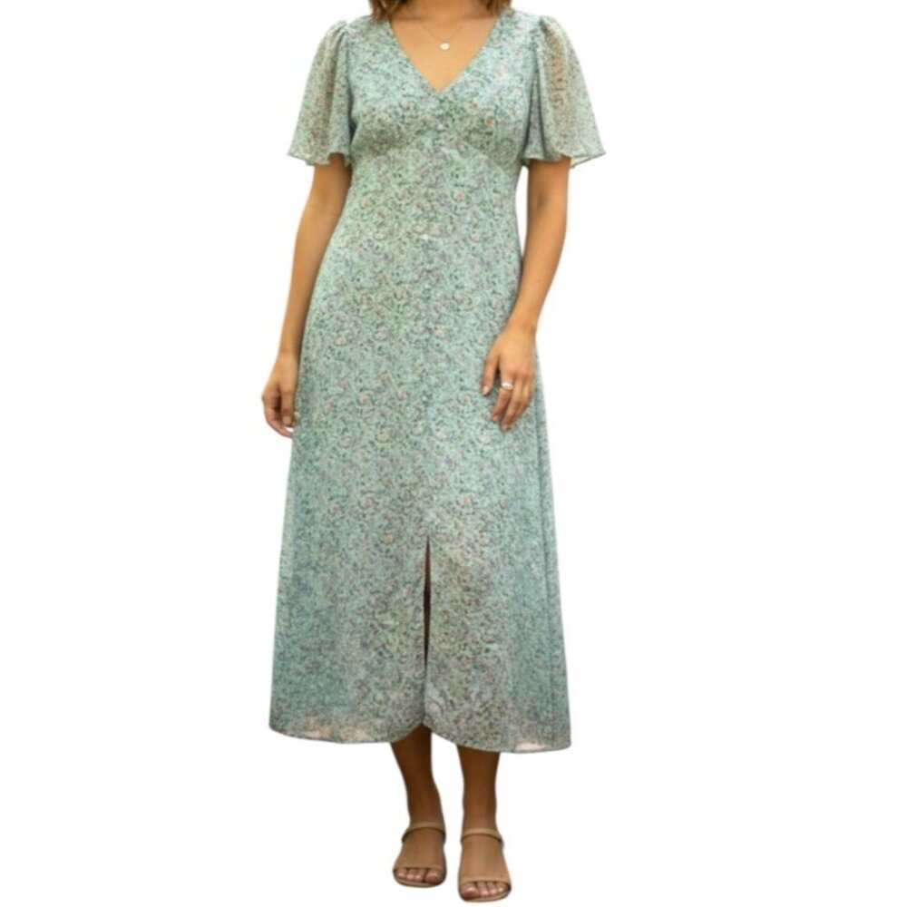 Anthropologie By The River Blue Floral Puffed. Sleeve Cottegecore Dress Small